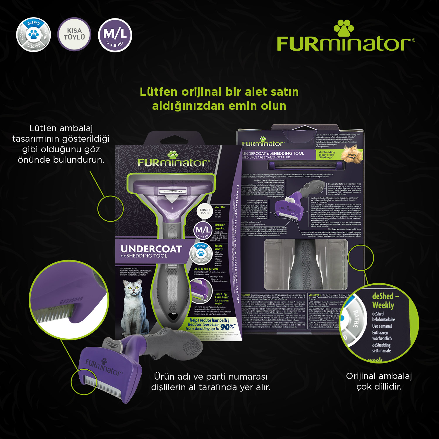 Furminator Kısa Tüylü Kediler için Kedi Tarağı L